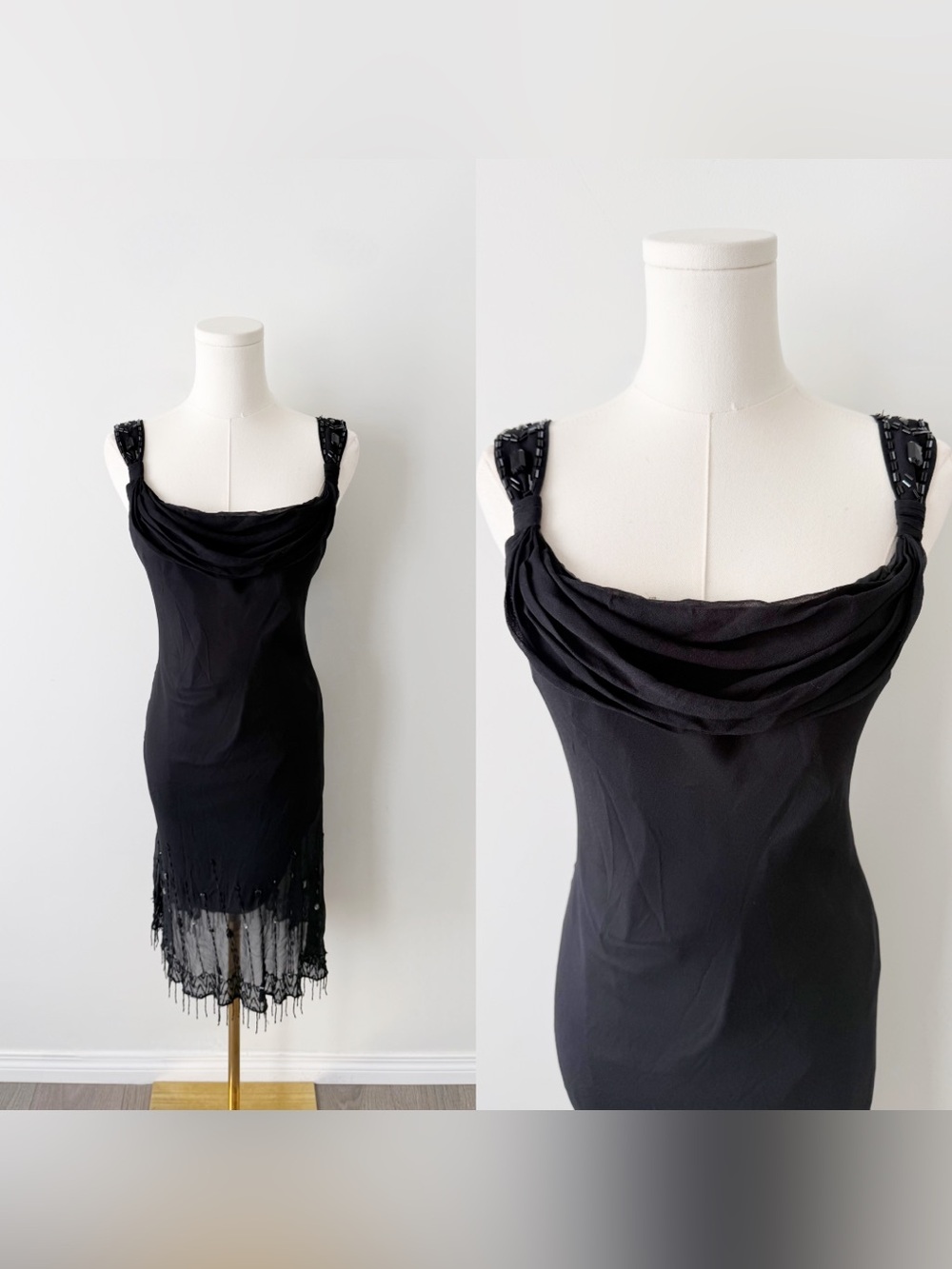 Vintage black 100% silk beaded midi dress